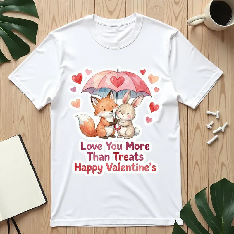 Fox and Bunny Under Umbrella Valentines Naptime T Shirt Cute Watercolor Animal Couple Gift Cozy Vintage Aesthetic Romantic Valentines Day White