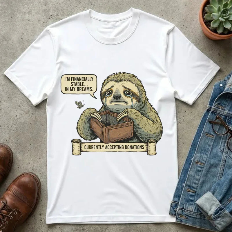 Funny Sloth Shirt Financially Stable In My Dreams Tee Broke Life Gift Crying Sloth Empty Wallet Sarcastic Adulting Humor Currently White