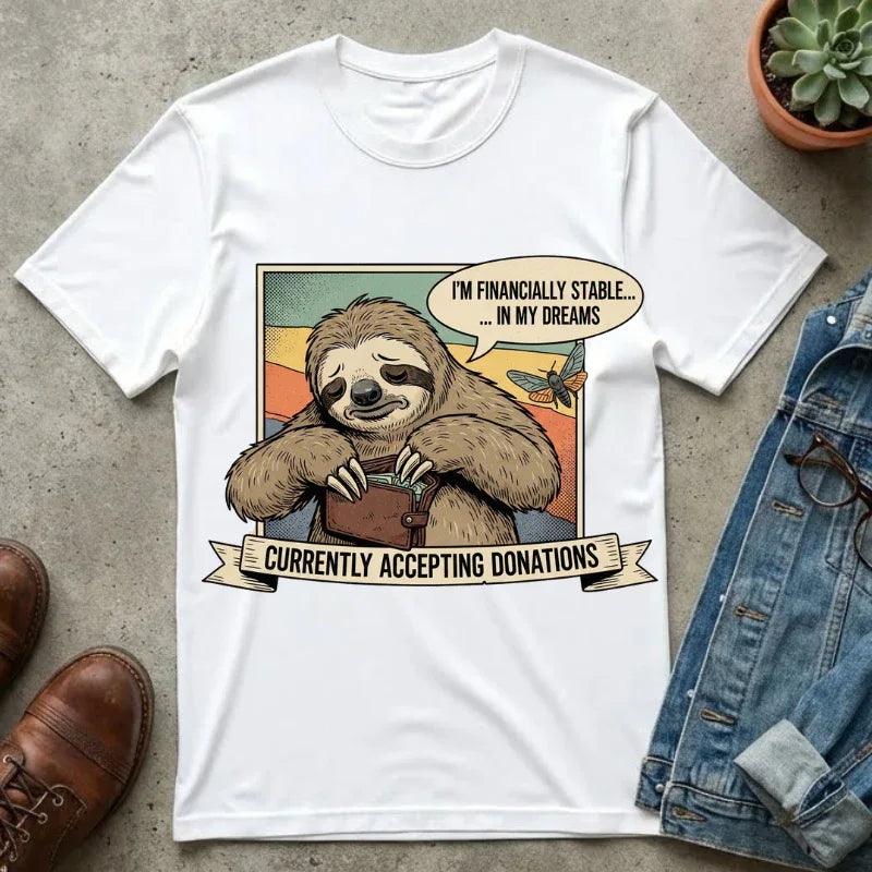 Funny Sloth Shirt Financially Stable In My Dreams Tee Crying Sloth Empty Wallet Sarcastic Adulting Gift Currently Accepting Donations Shirt White