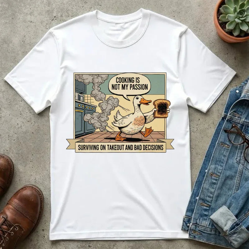 Funny Duck Cooking Shirt Retro Kitchen Fail Tee Sarcastic Foodie Gift Cooking Is Not My Passion Surviving On Takeout Shirt Vintage Cartoon White