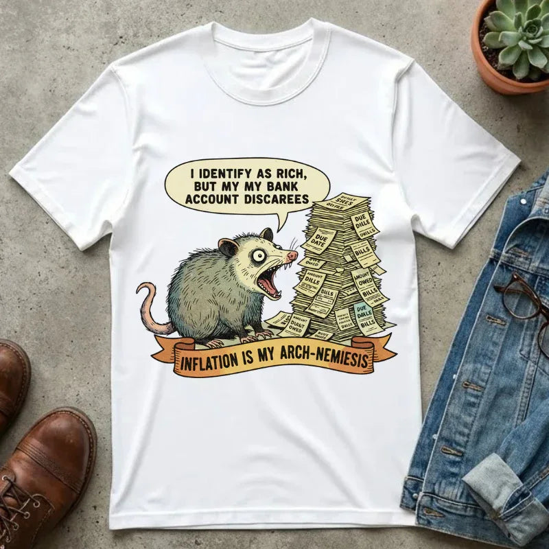 Funny Opossum Shirt Inflation Is My Arch Nemesis Tee Relatable Financial Meme Gift Sarcastic Possum Tshirt Screaming Trash Animal Top White