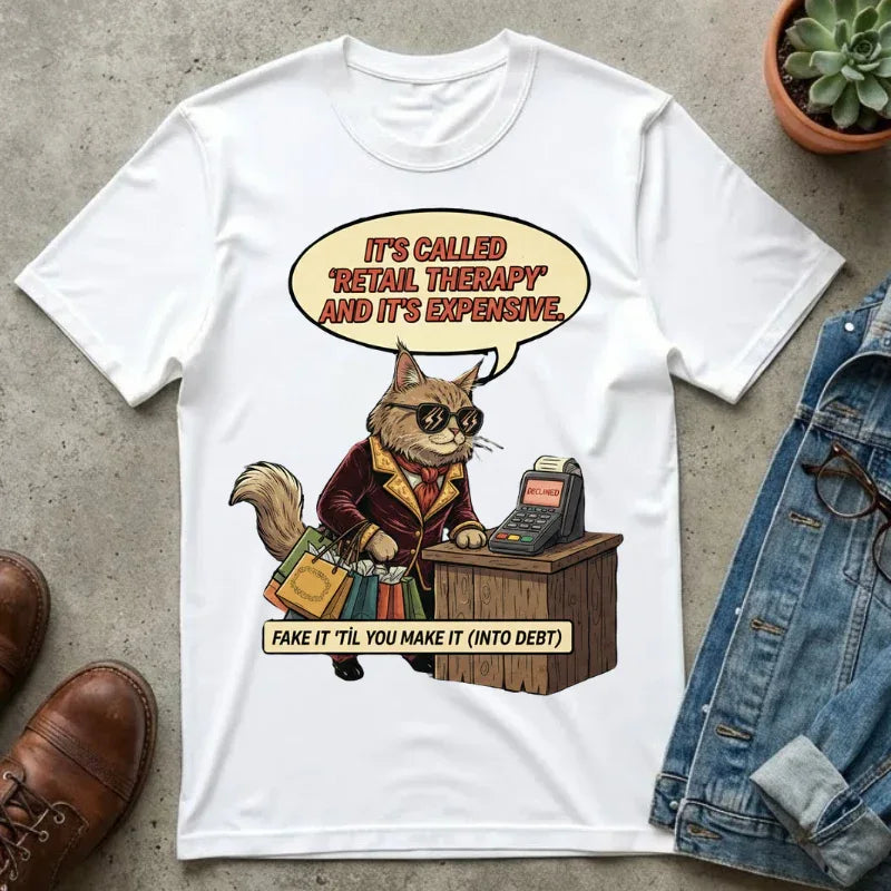 Funny Retail Therapy Cat Shirt Sarcastic Shopping Gift Shopaholic Meme Sweatshirt Relatable Adulting Tee Cute Cat Lover Gift White
