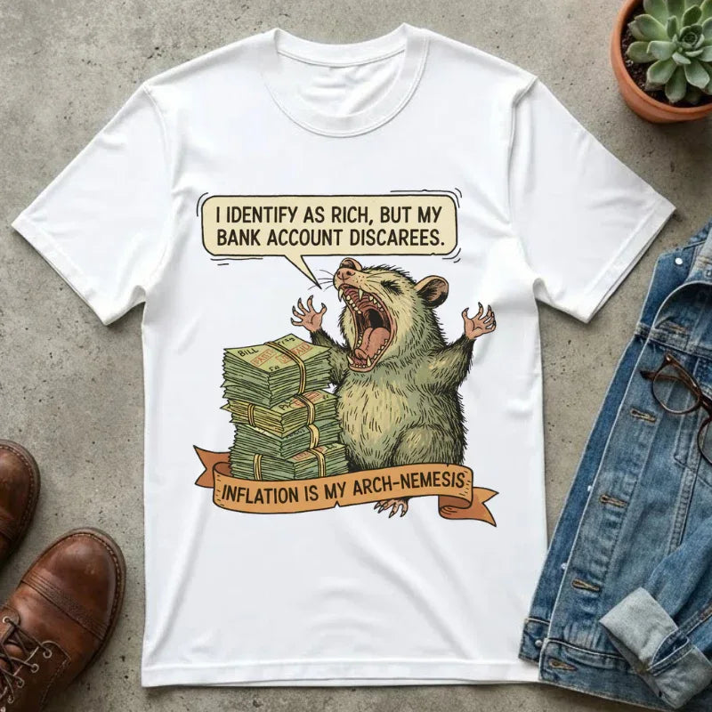Funny Opossum Shirt I Identify As Rich Sarcastic Animal Meme Tee Screaming Opossum Gift for Friend Inflation Struggle Humor Top White