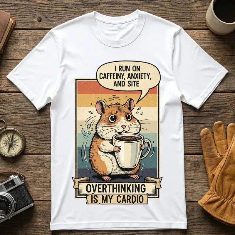 Funny Overthinking Hamster T-Shirt Retro Coffee Lover Gift Stress Anxiety Shirt Sarcastic Mental Health Tee Vintage Hamster Mom Dad Gift White