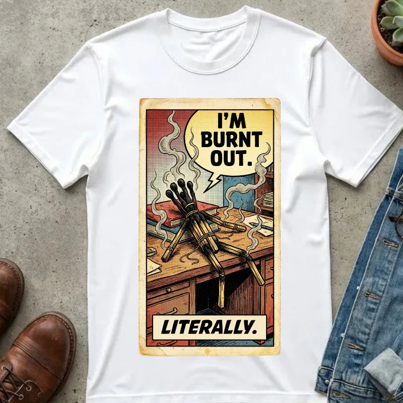 Funny Burnout Shirt - Retro Comic Matchstick Man Graphic Tee - Sarcastic Office Humor T-Shirt - Vintage Work Stress Mental Health Gift - Burnt Out Literally Streetwear White