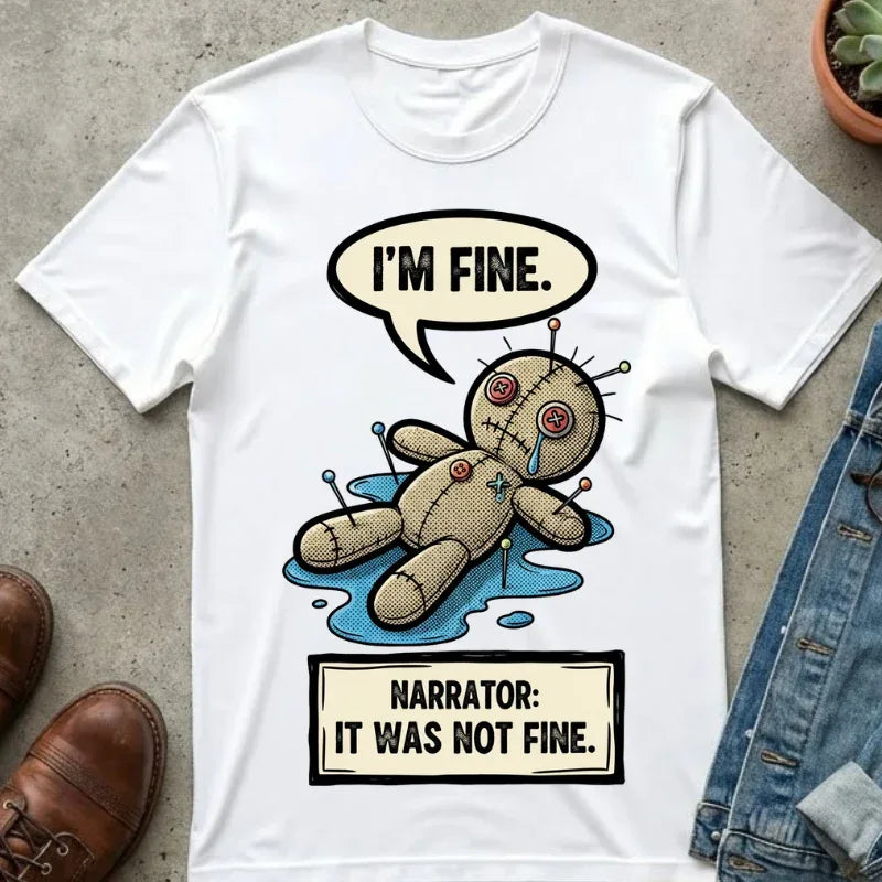 Funny Voodoo Doll "I'm Fine" Shirt - Sarcastic Mental Health Graphic Tee - Retro Comic Dark Humor T-Shirt - Vintage Garment-Dyed Relatable Mood Shirt - Edgy Aesthetic Streetwear White