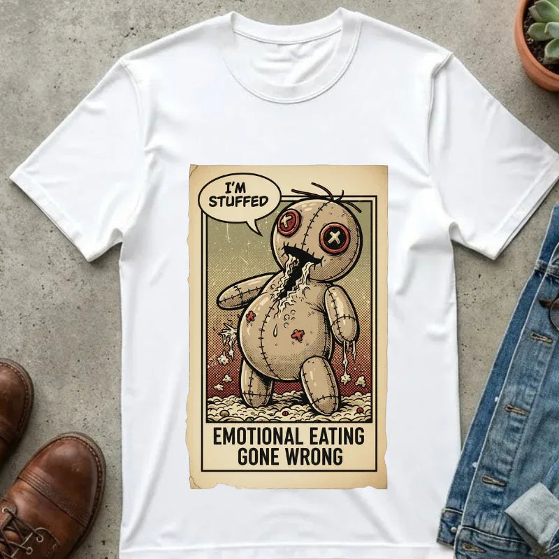 Funny Voodoo Doll "I'm Stuffed" Shirt - Emotional Eating Sarcastic Graphic Tee - Retro Dark Humor Foodie T-Shirt - Vintage Garment-Dyed Aesthetic Streetwear - Indie Lowbrow Art Mood Shirt White