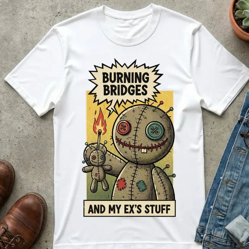 Burning Bridges Funny Breakup Shirt - Vintage Voodoo Doll Graphic Tee - Sarcastic Ex-Relationship T-Shirt - Retro Comic Dark Humor Gift - Mid-Century Aesthetic Streetwear