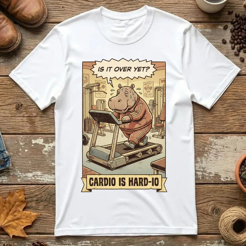 Funny Hippo Gym Shirt - "Cardio is Hard-io" Retro Workout Tee - Sarcastic Fitness Graphic T-Shirt - Vintage Runner & Weightlifter Gift - Humorous Exercise Streetwear White
