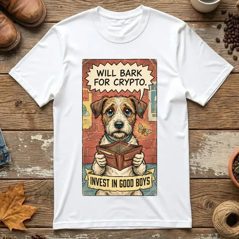 Funny Crypto Dog Shirt - Vintage Dogecoin Bitcoin Investor Gift - "Will Bark for Crypto" Graphic Tee - Retro Satirical Meme Clothing - HODL & Buy the Dip T-Shirt White