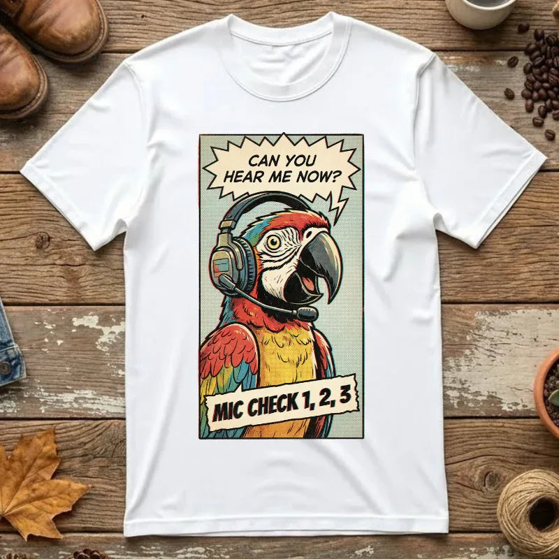 Funny Parrot Gamer Shirt - Vintage Comic Pop Art T-Shirt - Retro Macaw Bird "Mic Check" Graphic Tee - Sarcastic Podcast & Streamer Gift - Aesthetic Bird Lover Streetwear White