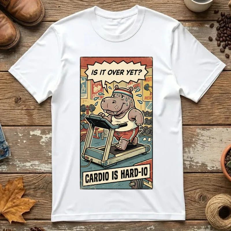 Funny Hippo Cardio Shirt - "Cardio is Hard-io" Retro Gym Tee - Vintage Sarcastic Workout T-Shirt - Humorous Exercise Fitness Gift - Distressed Comic Style Streetwear White