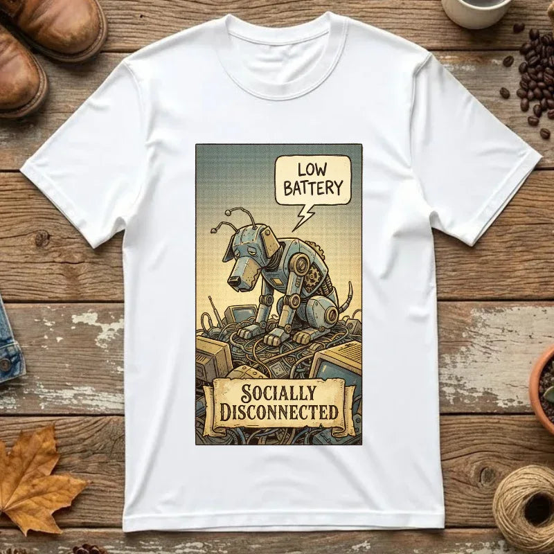 Socially Disconnected Robot Dog Shirt - Vintage Retro Comic Tee - Social Battery Introvert Gift - Satirical Humor Aesthetic T-Shirt - Relatables Low Battery Robot Graphic Tee White