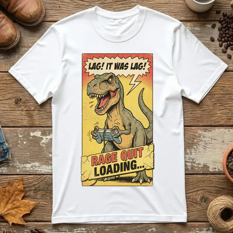 Funny Gamer T-Rex Shirt - "Lag! It Was Lag!" Retro Gaming Tee - Sarcastic Rage Quit Loading Dinosaur T-Shirt - Vintage Console Gamer Gift - Funny Video Game Graphic Apparel White