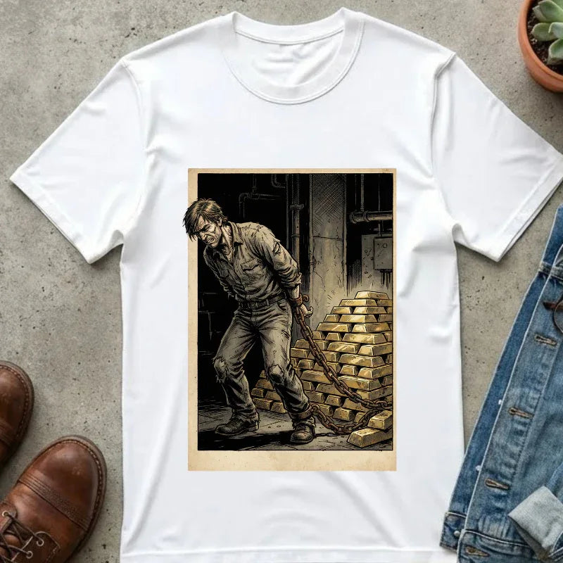 Heavy Gold Chains Satirical Shirt - Gritty Comic Art Tee - "Golden Burden" Wealth Trap Graphic - Vintage Prisoner of Greed Gift - Dark Humor Satire Streetwear White