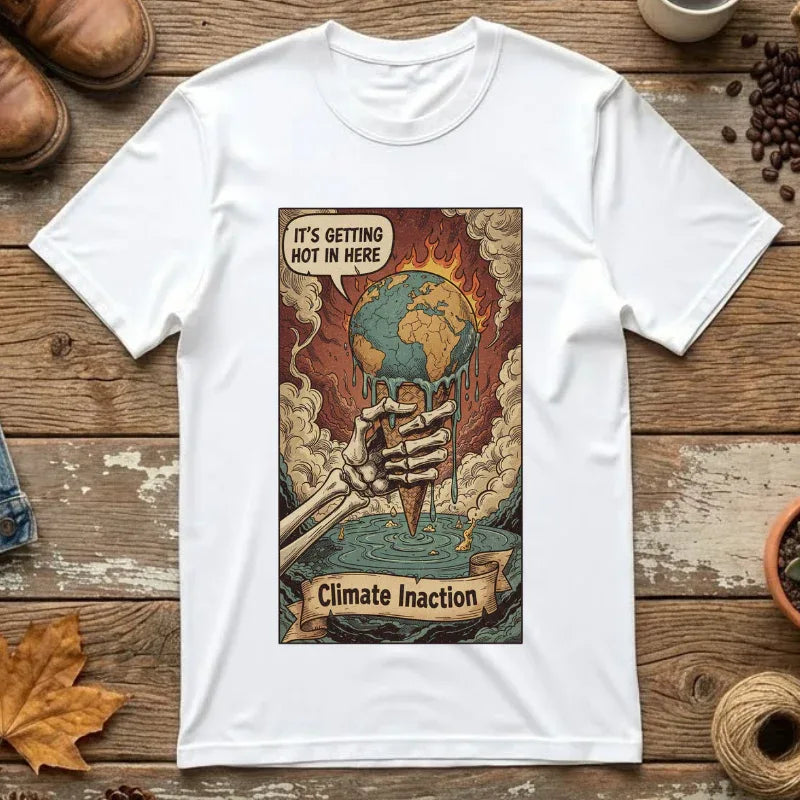 Climate Inaction Melting Earth Shirt - Global Warming Satire Tee - Skeleton Hand Vintage Graphic - Environmental Activist Gift - Retro Distressed Planet Earth T-Shirt White