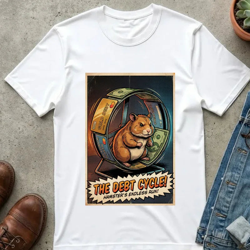 Funny Debt Cycle Hamster Shirt - Retro Comic Satire T-Shirt - Financial Humor Graphic Tee - Vintage Credit Crunch Money Art - Sarcastic Credit Card Debt Gift White
