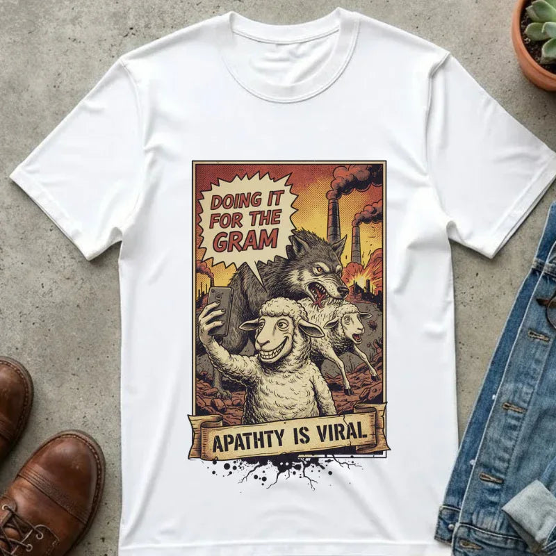 Doing It For The Gram Vintage Shirt - Satirical Wolf and Sheep Graphic Tee - Retro Social Media Irony T-Shirt - 1950s Propaganda Style Dark Humor - Unapologetic Social Critique Apparel White
