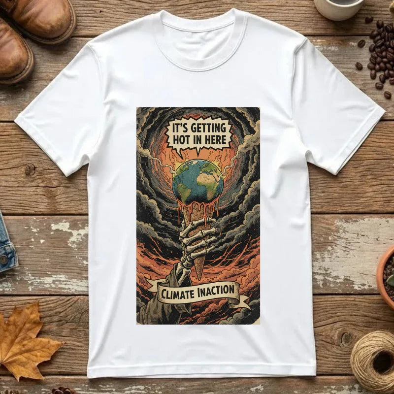 Climate Inaction Skeleton Melting Earth Shirt - Vintage Graphic Global Warming Activist Tee - Retro Aesthetic Sarcastic Eco-Friendly Gift - Heavyweight Garment-Dyed Unisex T-shirt White