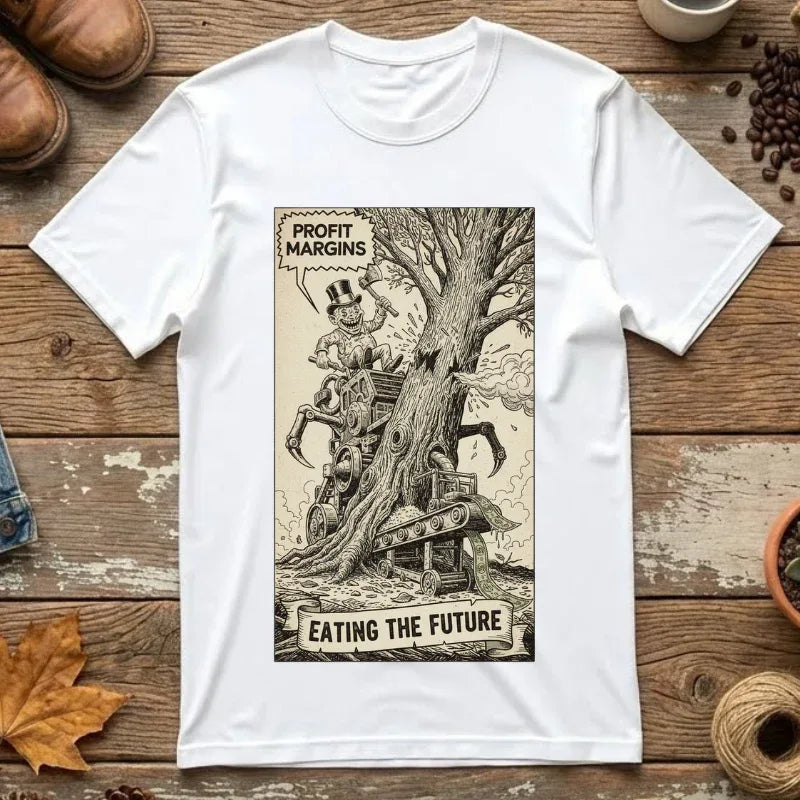 Eating The Future Shirt - Satirical Political Graphic Tee - Vintage Woodcut Eco Activist T-Shirt - Corporate Greed Social Commentary - Environmental Awareness Aesthetic Streetwear