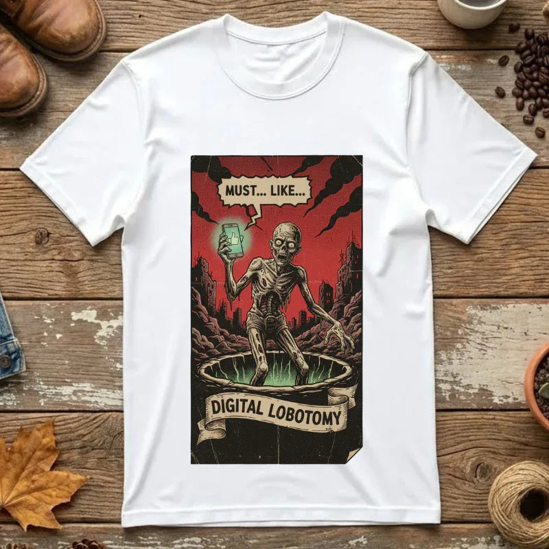 Digital Lobotomy Shirt - Vintage Horror Zombie T-Shirt - Social Media Satire Tee - Retro Comic Style Graphic Shirt - Smartphone Addict Dark Humor Gift - Tech Skeptic Streetwear White