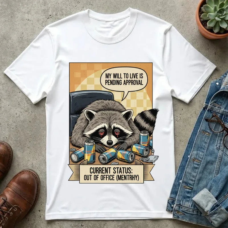 Funny Raccoon Shirt - Mentally Exhausted Office Tee - Retro Trash Panda Corporate Humor - Sarcastic "Pending Approval" T-Shirt - Relatable Coworker Gift & Work From Home Apparel White
