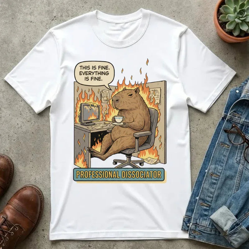 Funny Capybara "This Is Fine" Shirt - Professional Dissociator Tee - Mental Health Meme T-Shirt - Sarcastic Office Humor Gift - Relatable Corporate Grind Apparel White