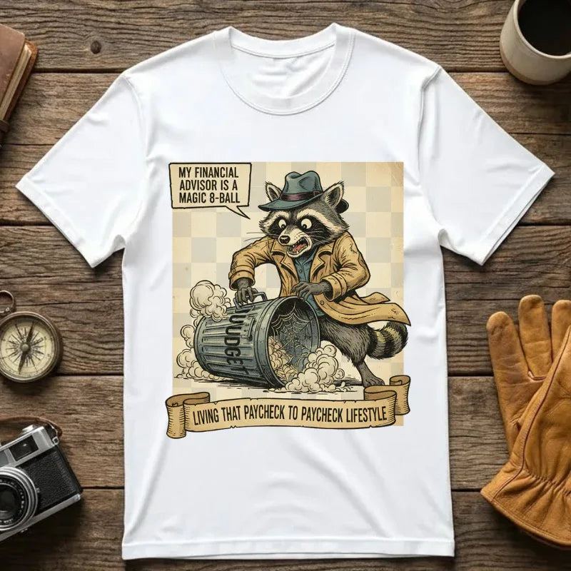Funny Raccoon Financial Advisor Shirt - Paycheck to Paycheck T-Shirt - Broke Millennial Humor Sweatshirt - Sarcastic Inflation Trash Panda Tee - Relatable Money Struggle Top White