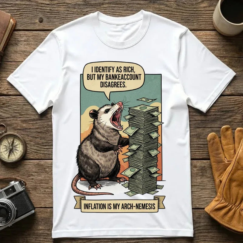 Funny Opossum Shirt - "I Identify As Rich" Inflation Meme Tee - Relatable Money Humor Gift - Vintage Style Screaming Possum Graphic - Retro Financial Crisis T-Shirt White