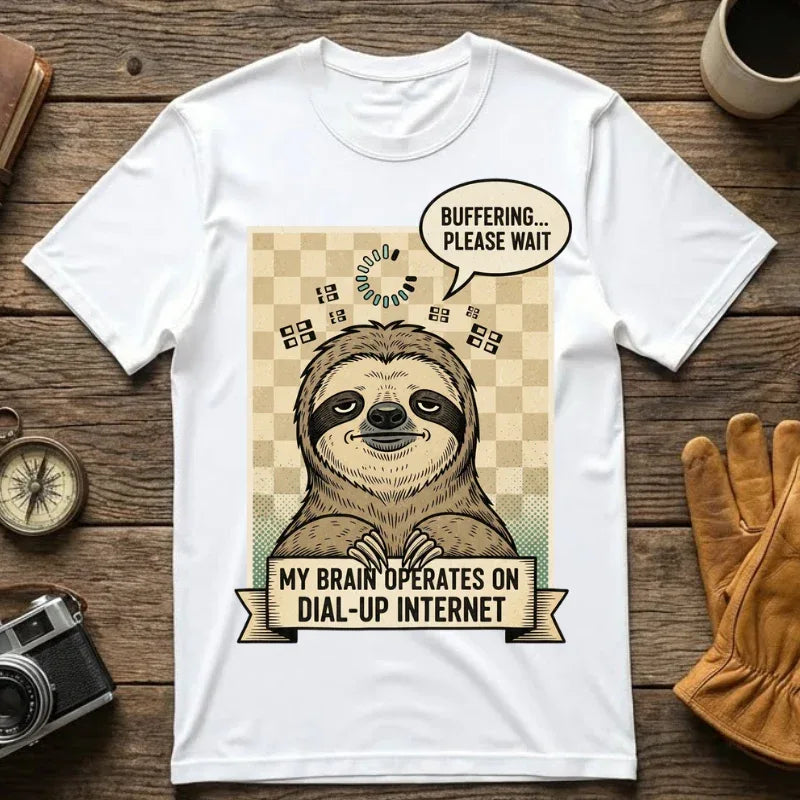 Funny Sloth Shirt - Retro 90s Dial-Up Internet Tee - "My Brain Operates on Dial-Up" Buffering Graphic T-Shirt - Sarcastic Sloth Lover Gift - Vintage Style Comfort Colors Apparel White
