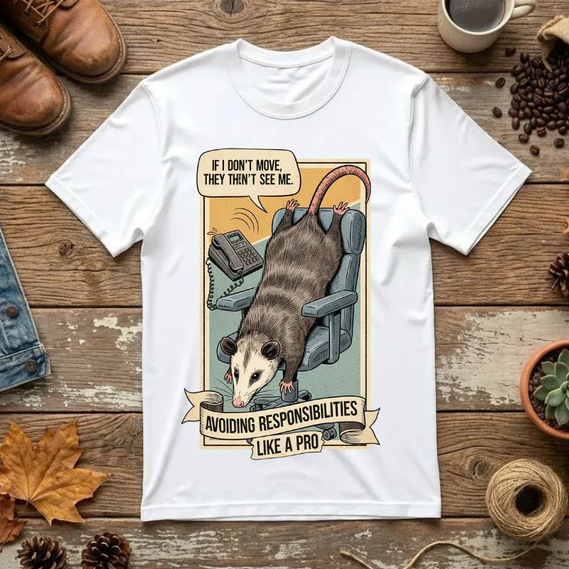 Funny Opossum Avoiding Responsibilities Shirt - Sarcastic Office Humor T-Shirt - Coworker Procrastination Gift - Introvert Work From Home Tee - Retro "Playing Dead" Possum Graphic White