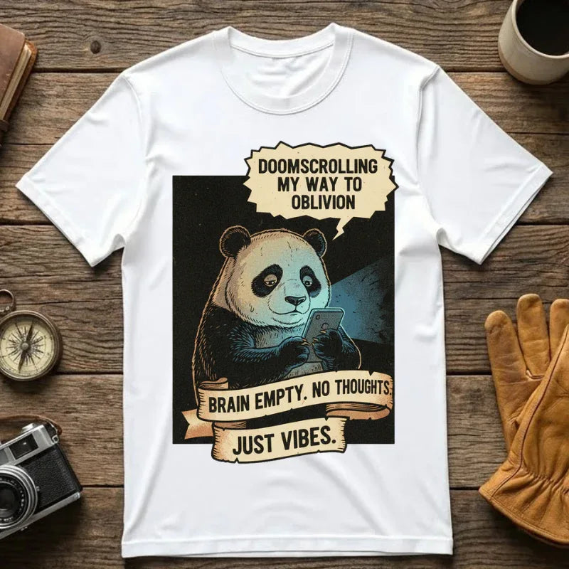 Funny Panda Doomscrolling Shirt - Brain Empty No Thoughts Just Vibes Tee - Retro Vintage Aesthetic T-Shirt - Relatable Digital Burnout Meme Gift - Smartphone Addict Introvert Top White