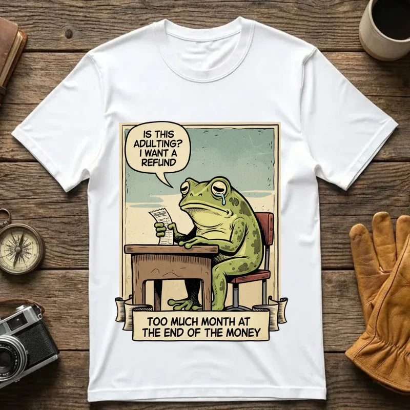 Funny Adulting Shirt - Sad Frog Meme Hoodie - "Too Much Month at the End of My Money" Sweatshirt - Vintage Aesthetic Millennial Financial Humor - Relatable Broke Friend Gift White