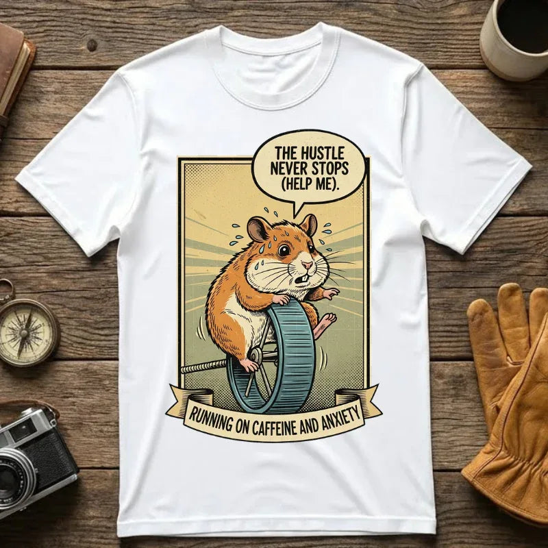 Funny Hamster Shirt - "Running On Caffeine And Anxiety" T-Shirt - Corporate Burnout Gift - Mental Health Sweatshirt - Retro Animal Art Office Humor Tee White