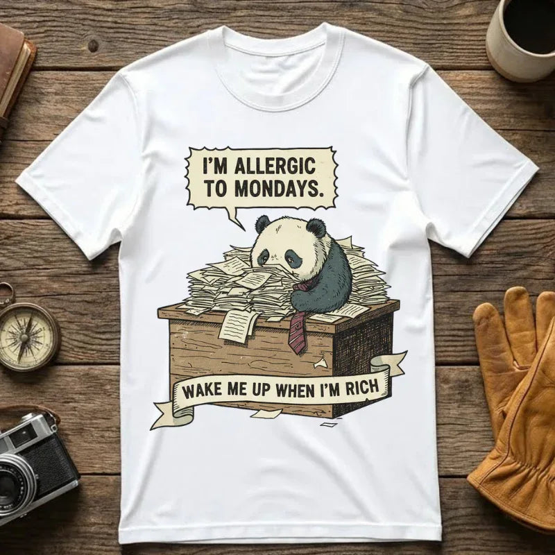 Funny Panda Shirt - "I'm Allergic To Mondays" Office Humor Tee - Sarcastic Work T-Shirt - Wake Me Up When I Am Rich Hoodie - Relatable Coworker & Student Gift White