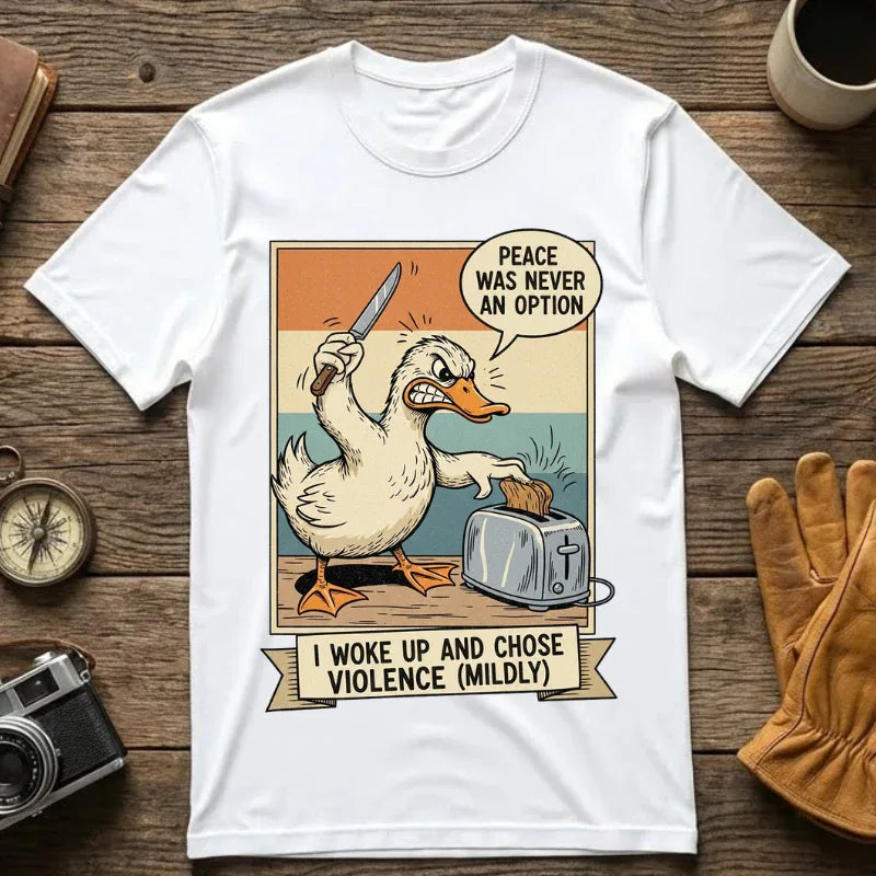 Funny Duck Meme Shirt - "Peace Was Never An Option" Retro Tee - Angry Bird Knife Graphic - I Woke Up And Chose Violence (Mildly) - Vintage Aesthetic Sarcastic Gift White
