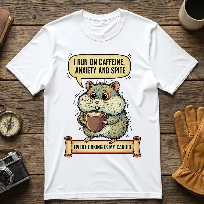 Funny Hamster Coffee Shirt - "Overthinking is My Cardio" T-Shirt - Caffeine Anxiety and Spite Gift - Sarcastic Mental Health Tee - Retro Jittery Hamster Graphic Top White