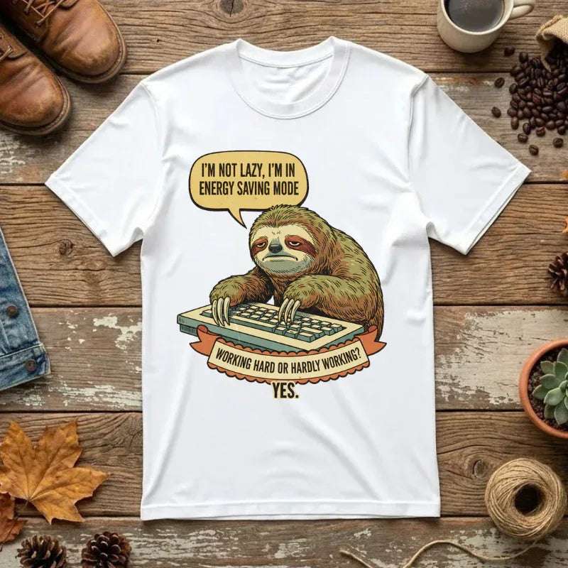 Funny Sloth Shirt - "I'm In Energy Saving Mode" Office Humor Tee - Programmer T-Shirt - Lazy Animal Lover Gift - Retro Style Sloth Graphic Tee White