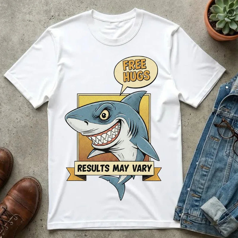 Funny Shark Shirt - "Free Hugs" Sarcastic Vintage Graphic Tee - Results May Vary Dark Humor Gift - Retro Great White Shark Top - Men's & Women's Dad Joke Clothing White