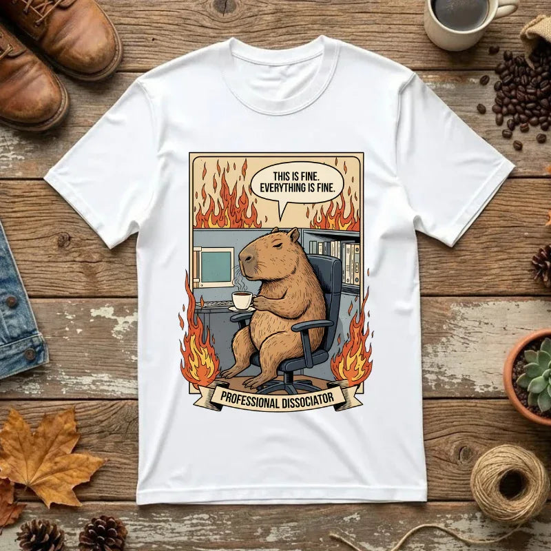 Funny Capybara Shirt - "This Is Fine" Meme Hoodie - Professional Dissociator Gift - Office Humor Graphic Tee - Anxiety & Mental Health Crewneck - Cute Chill Rodent Top White