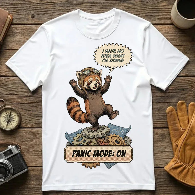 Vintage Red Panda T-Shirt - Funny Engineer Gift - Panicked Pilot Shirt - Imposter Syndrome Meme Tee - Retro Mechanic Animal Graphic - "Panic Mode On" Top White