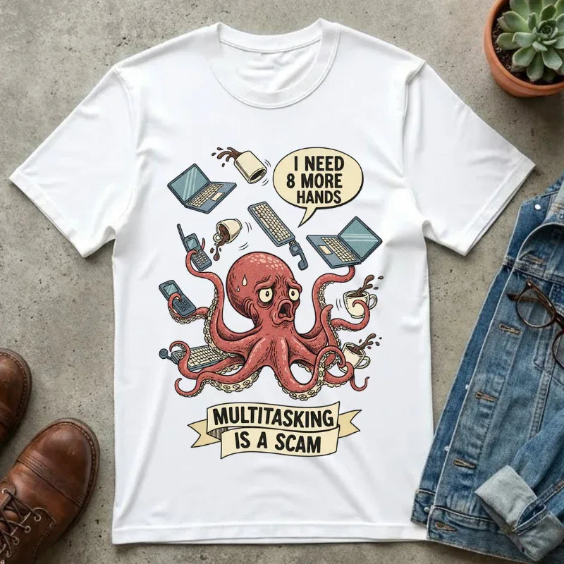 Funny Octopus Shirt - "Multitasking Is A Scam" T-Shirt - Vintage Work Humor Tee - Office Gift for Coworker - Burnout Graphic Tee - Retro Cartoon Top White