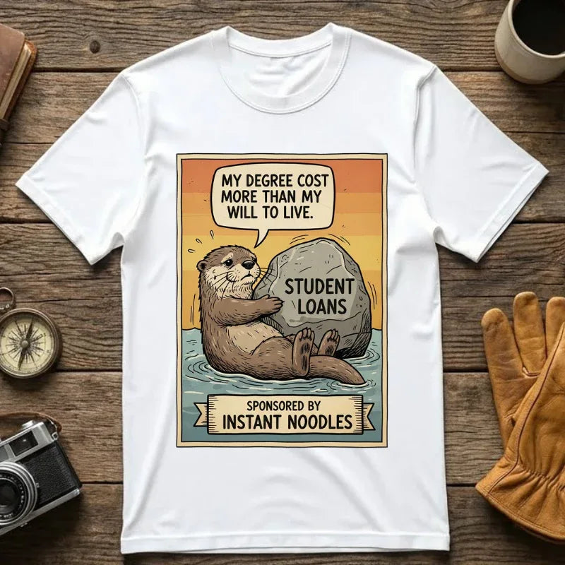 Funny Student Loan Gift - College Debt Humor Shirt - Cute Otter Graphic Tee - Millennial Graduation Present - "My Degree Cost More Than My Will To Live" - Broke University Student Top White