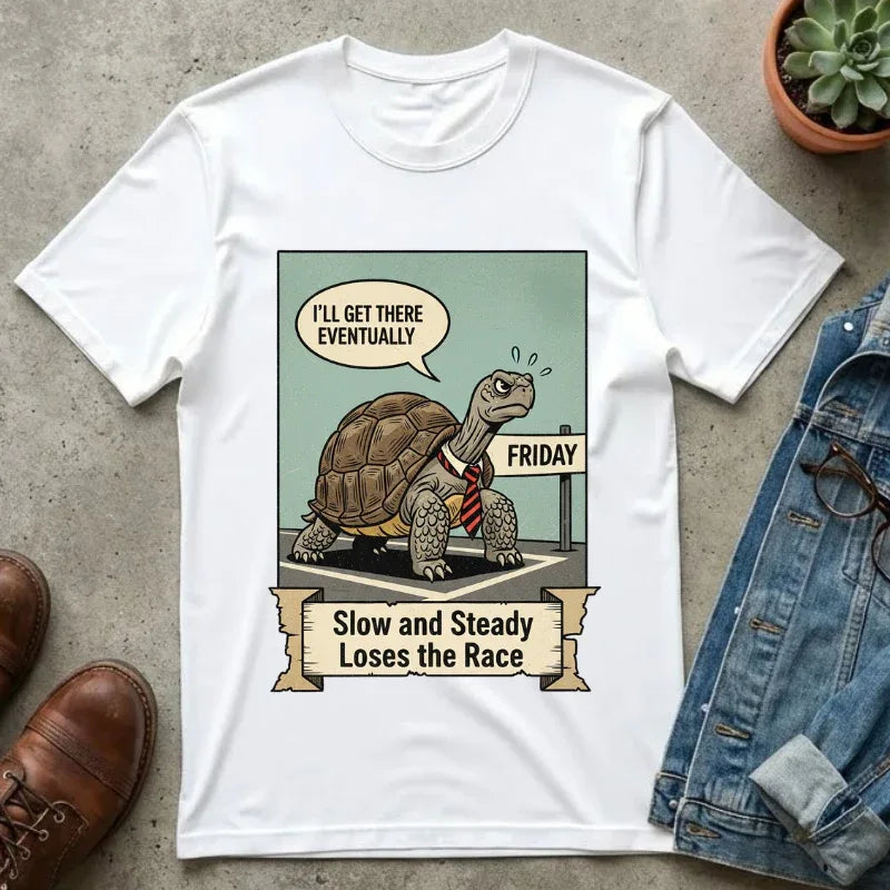 Funny Friday Shirt - Office Humor T-Shirt - Corporate Turtle Tee - Weekend Vibes Gift - "Slow and Steady Loses the Race" - Retro Animal Art Work Sarcasm Top White