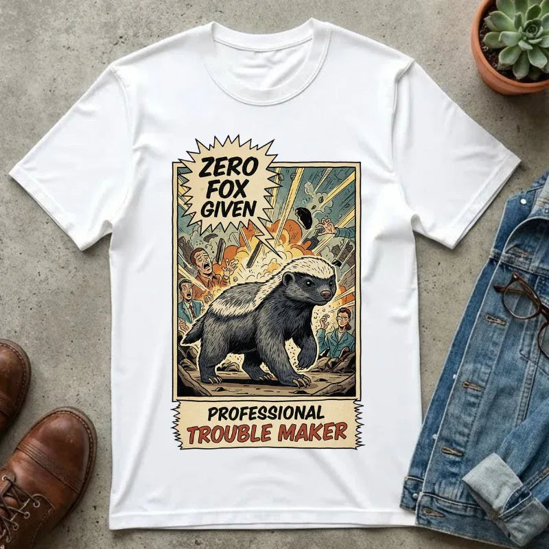 Funny Honey Badger Shirt - "Zero Fox Given" Hoodie - Professional Trouble Maker Tee - Retro Comic Style Graphic - Cool Animal Meme Gift for Sarcastic Men & Women White