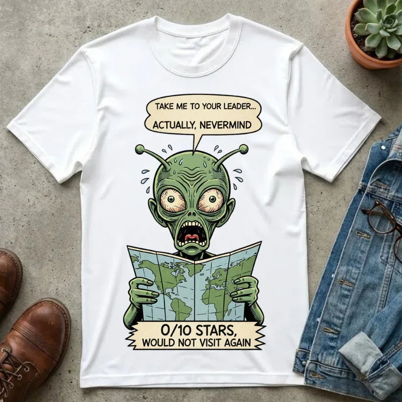 Funny Alien Shirt - Sarcastic Earth Review Tee - Vintage Sci-Fi Lover Gift - 0 Out Of 10 Stars Meme Tshirt - Retro UFO Graphic Top for Introverts White