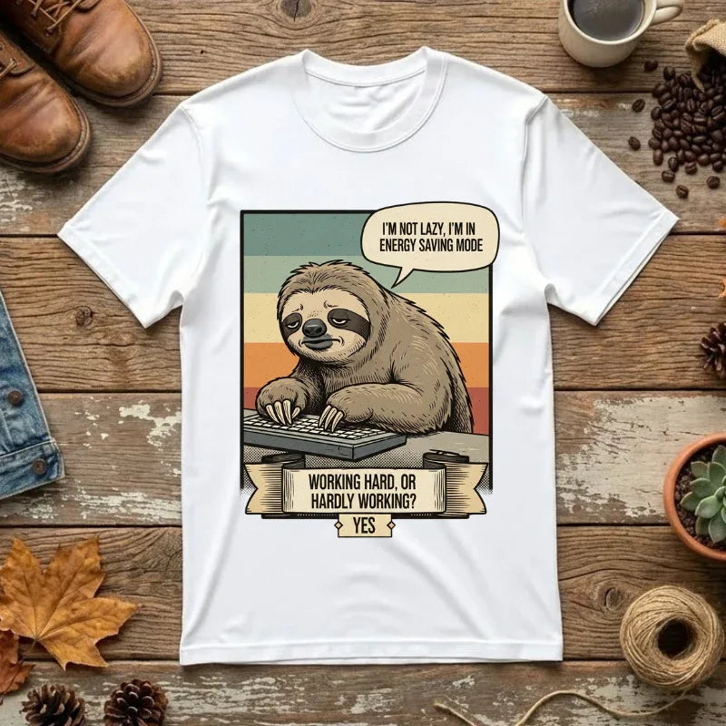 Funny Sloth Shirt - "I'm In Energy Saving Mode" T-Shirt - Office Humor Gift for Coworker - Lazy Animal Tee - Work From Home Graphic Tee - Retro Style Sloth Top