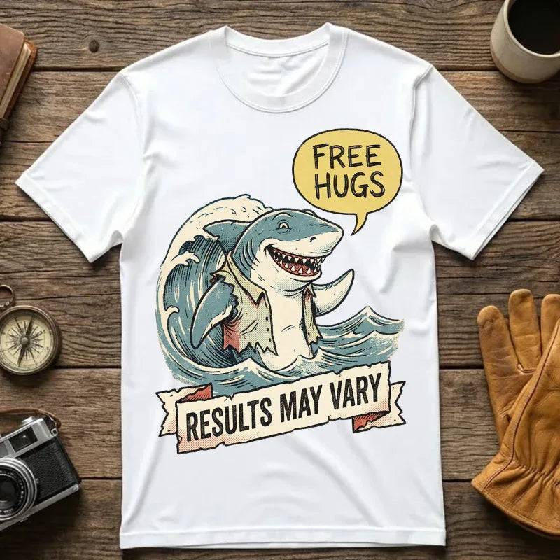 Vintage Shark Shirt - Funny "Free Hugs" T-Shirt - Dark Humor Gift - Retro Graphic Tee - Sarcastic Ocean Lover Top - Grunge Style Animal Apparel