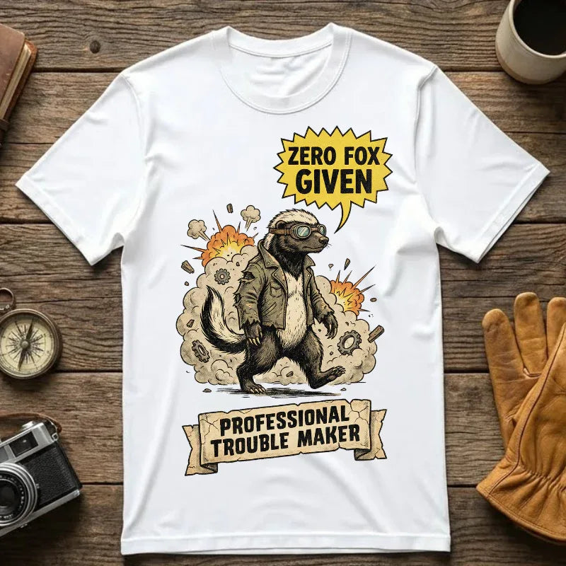 Honey Badger Shirt - "Zero Fox Given" T-Shirt - Professional Trouble Maker - Funny Animal Tee - Vintage Biker Gift - Sarcastic Graphic Top for Rebels
