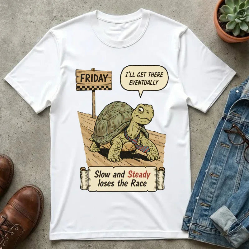 Funny Friday Shirt - Office Humor Gift for Coworker - Turtle Lover Tee - "Slow and Steady Loses the Race" - Retro Weekend Vibes - Work Bestie Gift - Tired Professional Top